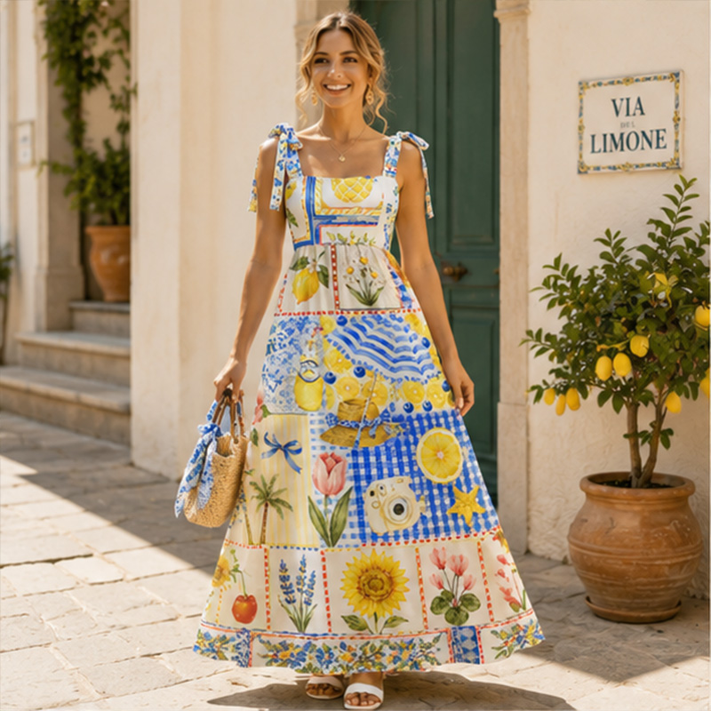 Personalized Mediterranean Lemon Floral Patchwork Bow Tie Strap Square Neck Maxi Dress Blue Gingham Sunflower Fruit Tile Spliced Print Tie Shoulder Long Sundress