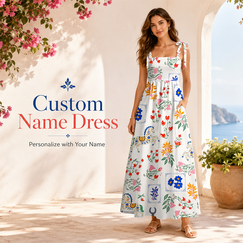 Personalized Vintage Hand Painted Colorful Flower Pony Pattern Tie Shoulder Flowy A Line Long Sundress For European Village Picnic Resort Wedding Guest Outfit
