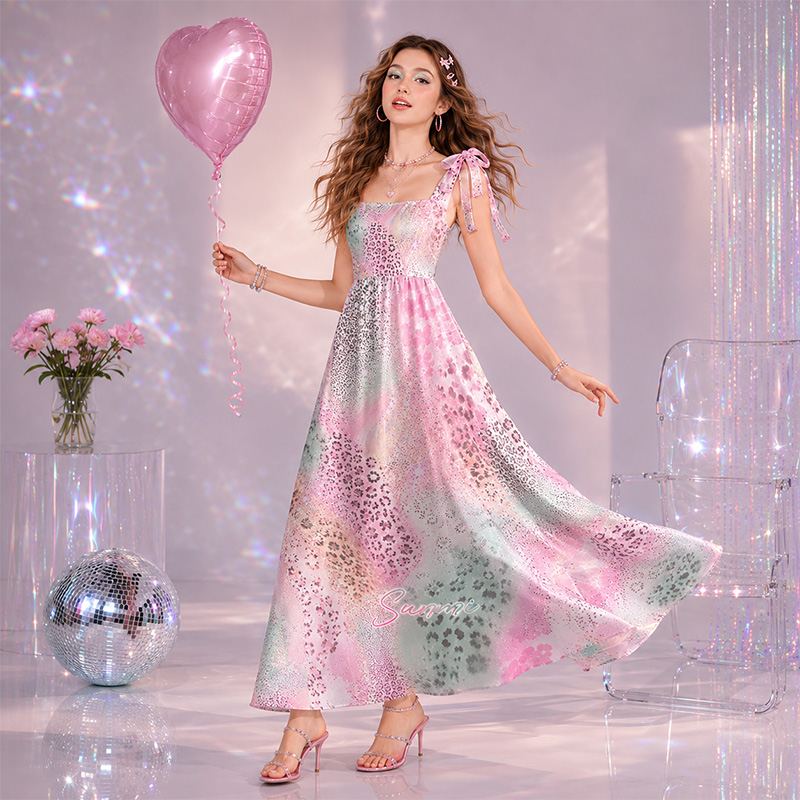 Personalized Shiny Satin Ombre Leopard Flower Collage Print Bow Strap Floor Length Dress For Summer Holiday Night Out Travel