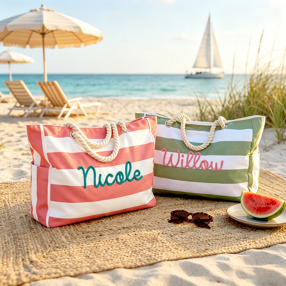 Personalized Waterproof Pool Tote Custom Beach Bag with Zipper Embroidered Girls Trip Striped Canvas Tote Bag Summer Vacation Gift for Her