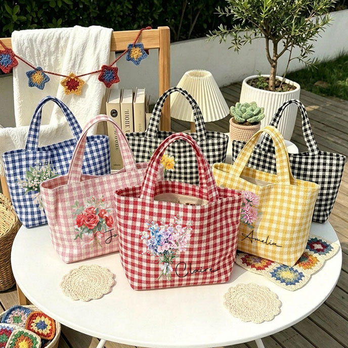 Personalized Crochet Tool Storage Tote Bag Gingham Tote Bag Custom Name Canvas Tote Reusable Shopping Bag