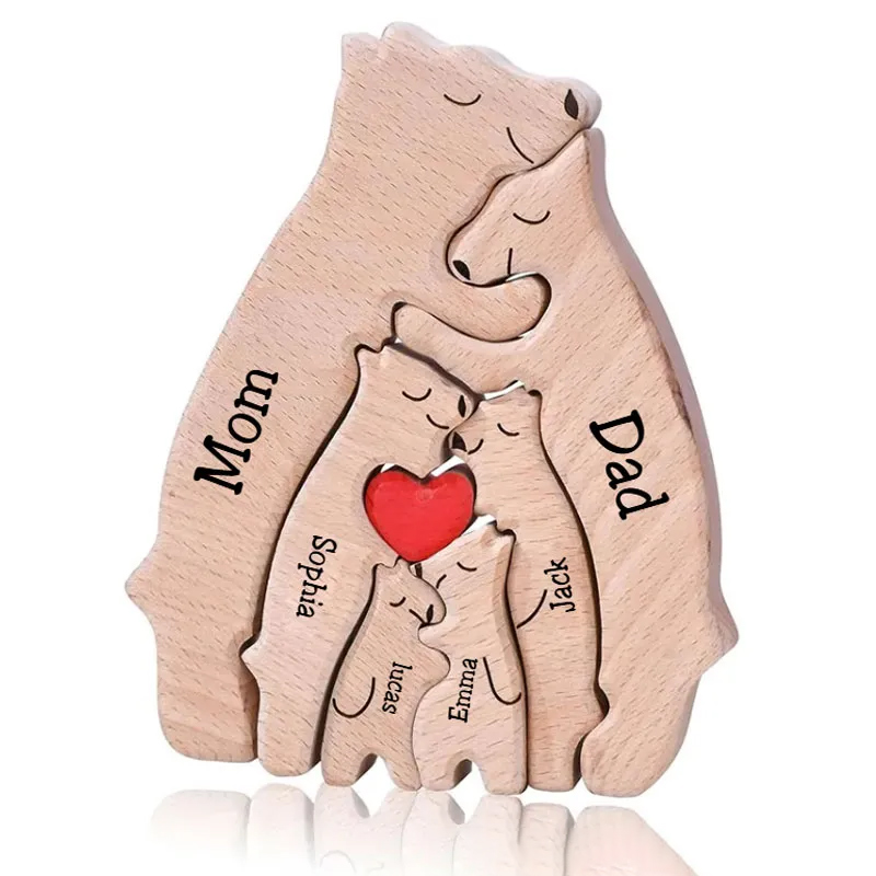 Personalized Carved Wooden Bear Family Jigsaw Puzzle, Wood Bear Figurines, Hugging Bear Family Keepsake Gift for Parents, Christmas Bear Decor