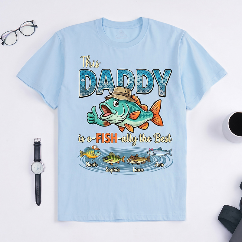 Personalized This Daddy Is o-FISH-ally the Best Shirt Custom Dad T Shirt with 1-8 Kids Names Dad Birthday Gift for Him