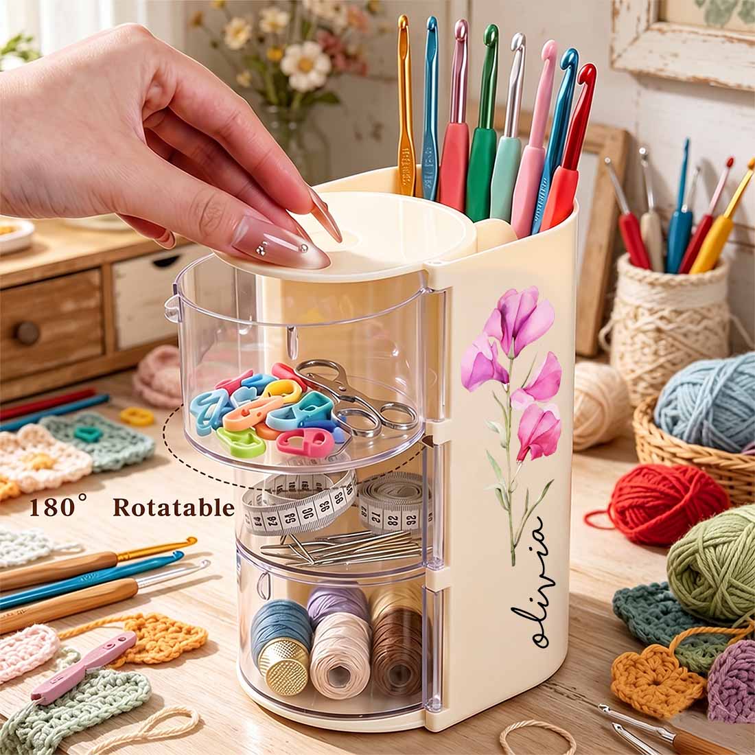 Rotary Crocheting Tools Storage Box Transparent Dust Multi Layer Square Crochet Tools Storage Rack
