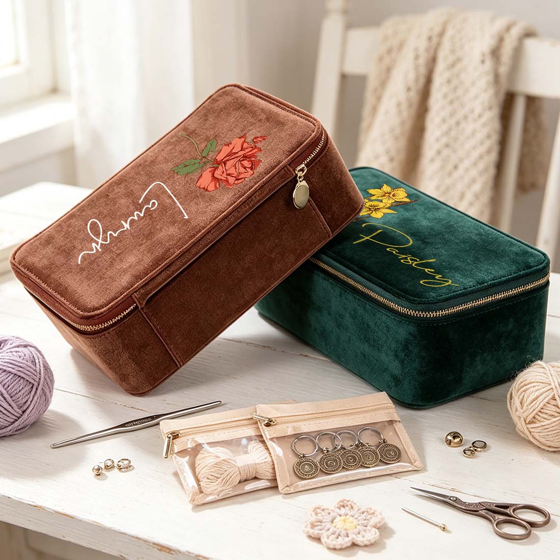 Personalized Plush Velvet Knitting Crochet Notions Case Box Portable Storage Box Section Stitch Markers Custom Name with Birth Flower