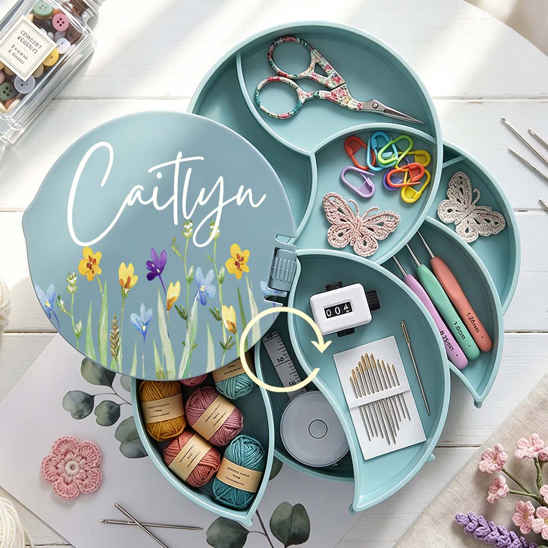 Personalized Knitting Crochet Notions Case Storage Box Rotating Multi-Layer Compartment Crochet Tool Case Custom Name with Flower
