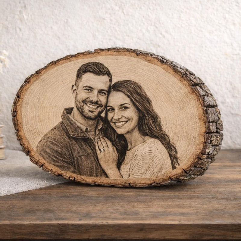 Personalized Wood Photo Engraving Custom Wedding Photo on Wood Slice Engraved Log Slice Gift for Couple Photo Gift for Her Him