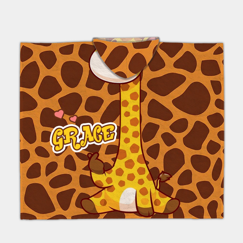 Personalized Playful Giraffe Hooded Blanket Custom Name Practical Fun Gift for Kids Indoor Outdoor