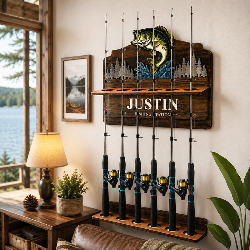 Personalized Reel Cool Dad Fishing Rod Holder Custom Angler Gift for Dad Wooden Fishing Pole Organizer Fisherman Wall Decor Bass Fishing Station Sign