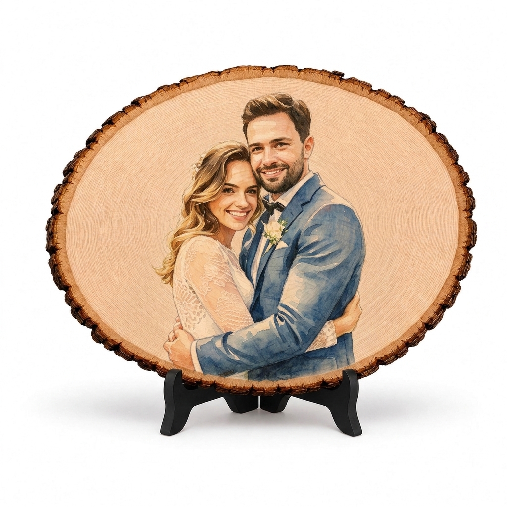 Personalized Photo Engraving Basswood Keepsake Custom Watercolor Photo Art on Wood Slice Engraved Log Slice Gift for Couple Photo Gift for Her Him