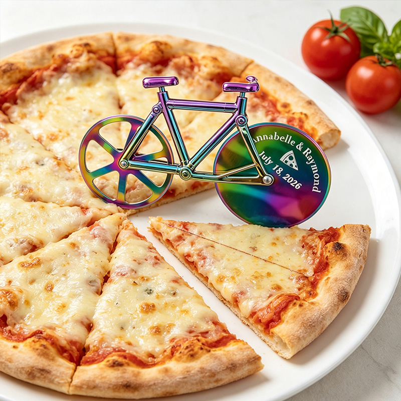 Personalized Bicycle Pizza Cutter Custom Engraved Dual Wheel Rose Gold Holographic Wedding Groomsmen Gift for Him Chef Couple Anniversary Gift