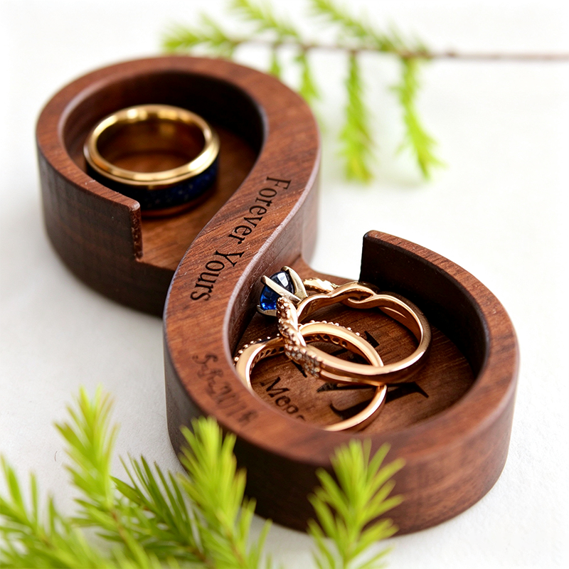 Personalized Infinity Walnut Wooden Ring Dish, Wedding Month Flower Ring Holder, Valentine’s Day Gift, Wedding, Engagement, Anniversary Gift for Her