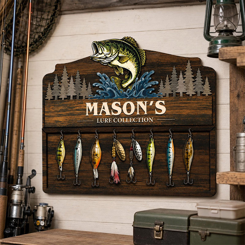 Personalized Reel Cool Dad Fishing lure Collection Holder Custom Fisherman Gift for Dad Uncle Grandpa Wooden Fishing Pole Organizer Bass Fish Wall Decor