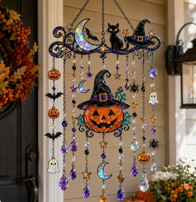 Halloween Witch Hat Suncatcher Wind Chime, Stained Glass Style Window Decor, Gothic Porch Hanging Gift for Witchy Fall Party Homes