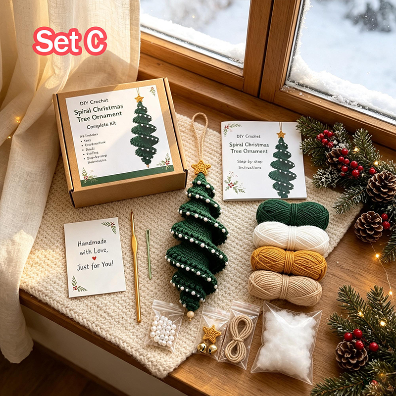 Christmas Crochet Ornament Kit, Soft Cotton Yarn DIY Spiral Santa Snowman Hanging Decor Material Pack, Holiday Craft Gift