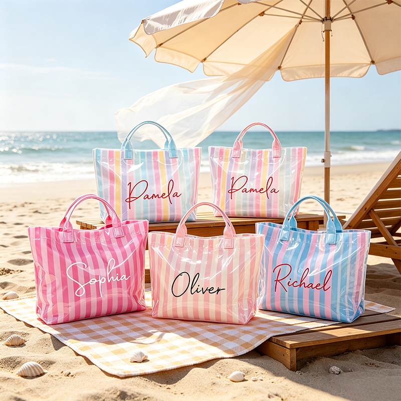Personalized Girls Beach Traveling Waterproof Striped Tote Bag Custom PVC Pool Bag Bridesmaid Gift Future Bride Tote Reusable Shopper Bag