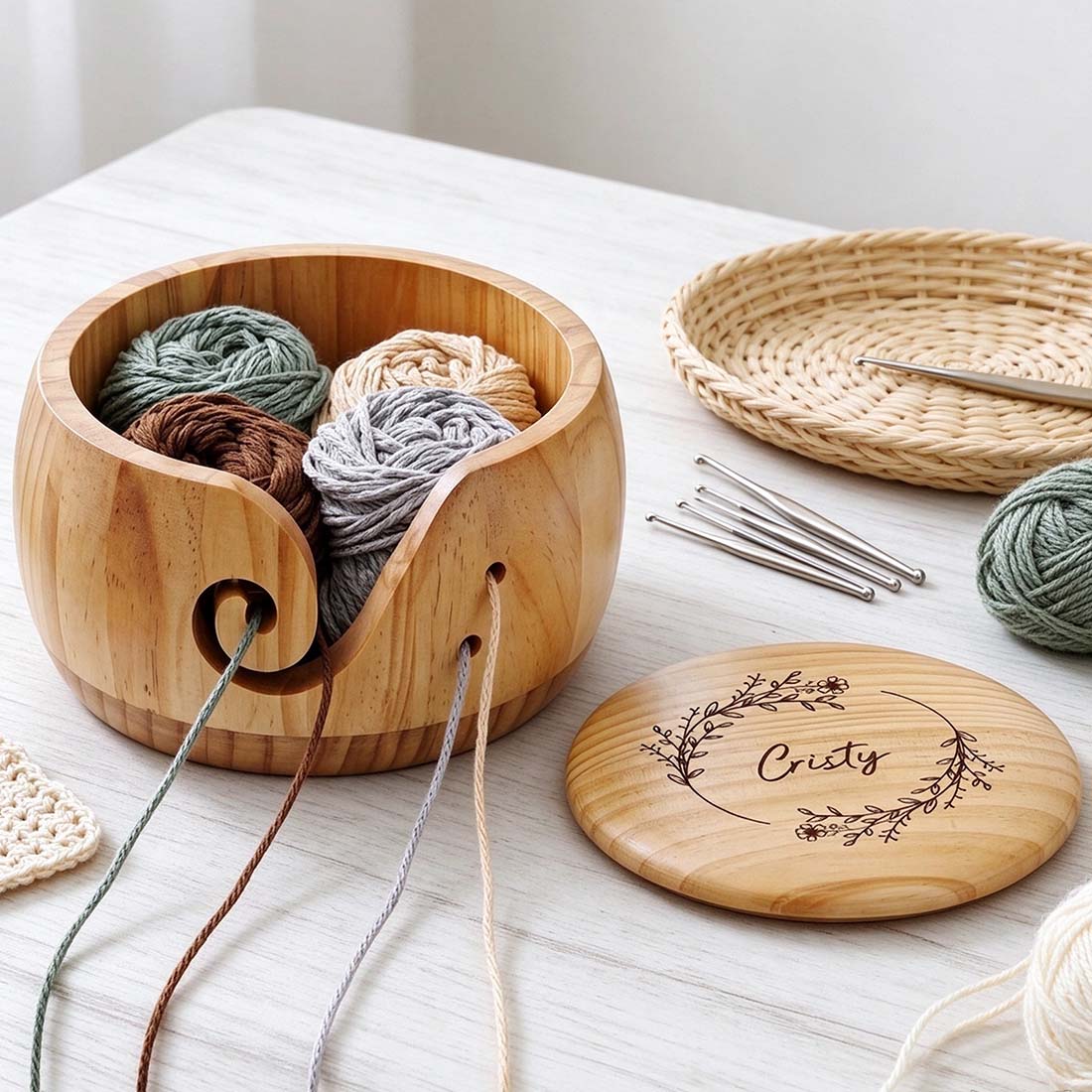 Personalized Birth Flower Wooden Yarn Bowl Custom Name Yarn Holder Yarn Lover Gifts