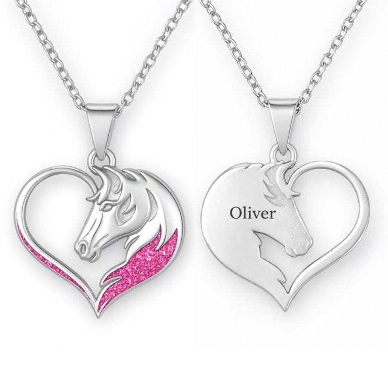 Personalized Horse Head Heart Pendant Necklace Custom Name Unique Holiday Gift for Couples