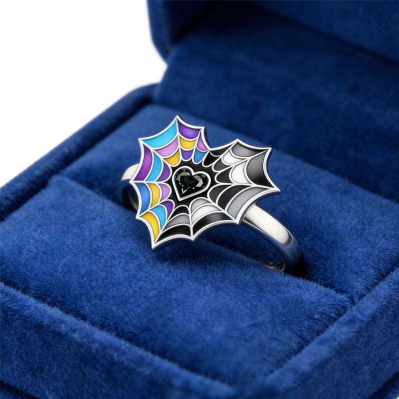 Personalized Birthstone Spiderweb Heart Ring Sterling Silver Ring Symbolic Jewelry Gift for Couples and Best Friends