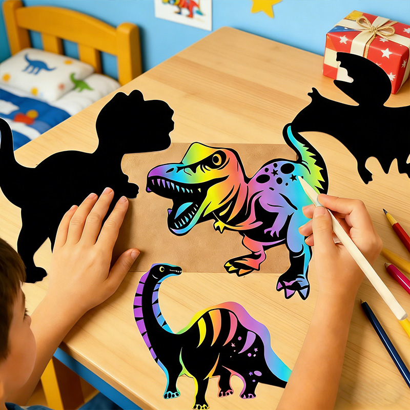 Personalized 48/24pcs Rainbow Dinosaur Scratch Art Set  Dinosaur Party and Room Decor Classroom Craft Birthday Party Supplies Gift for boy and girl Gift for kids Party Favors Event Organizers 