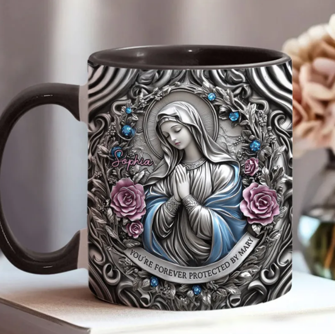 Personalized You're Forever Protected by Mary 11oz Ceramic Mug with Custom Name Religious 3D Coffee Mug Catholic Gift for Women