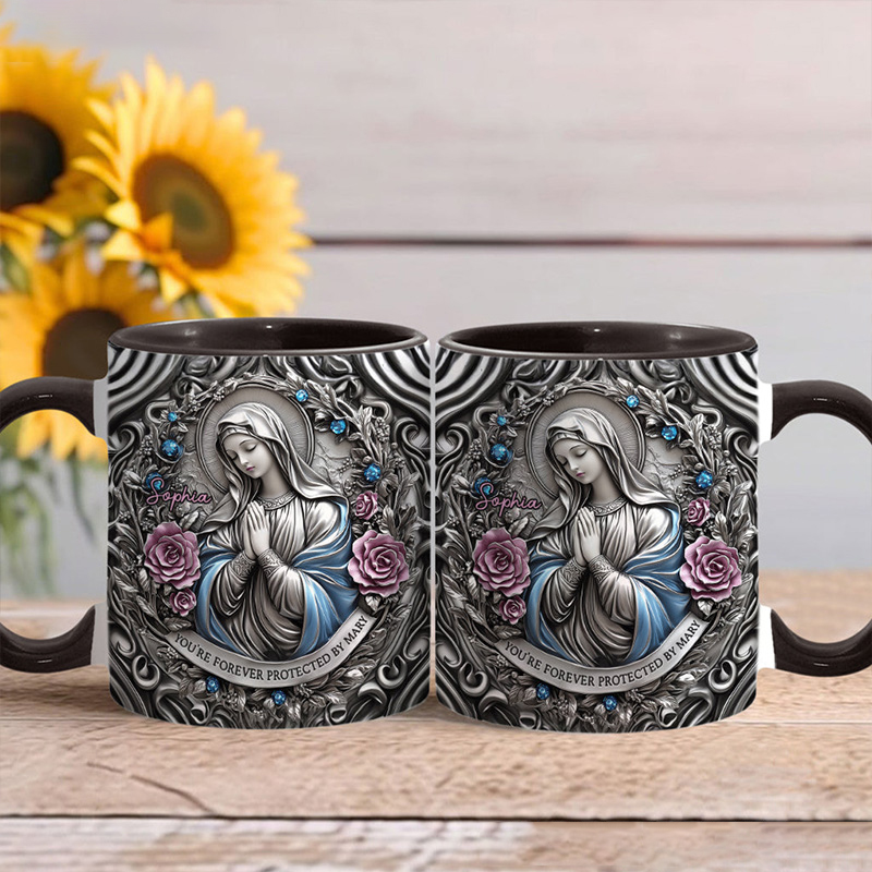 Personalized You're Forever Protected by Mary 11oz Ceramic Mug with Custom Name Religious 3D Coffee Mug Catholic Gift for Women