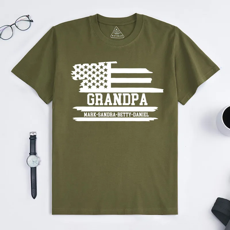 Personalized Grandpa Flag T-Shirt with Grandkids Names Gift for Grandfather Father's Day Birthday Comfortable Cotton Shirt for Men