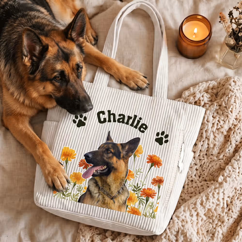 Personalized Birth Flower Pet Photo Large Capacity Corduroy Tote Bag with Name Multi-Compartment Travel Essential Birthday Gift for Women Pet Lovers