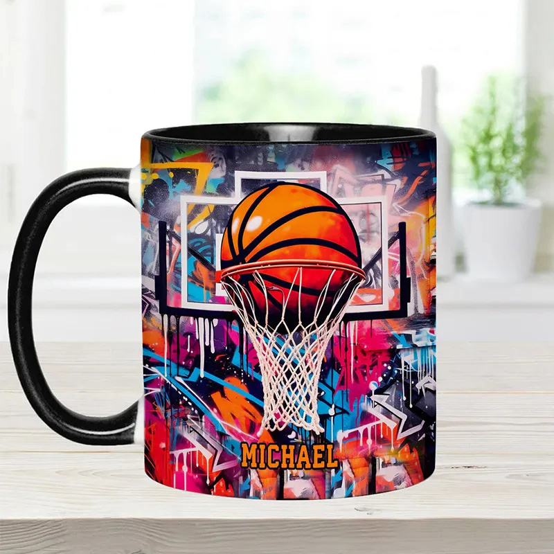 Personalized Basketball Mug with Custom Name and Graffiti Artwork for Basketball Enthusiast