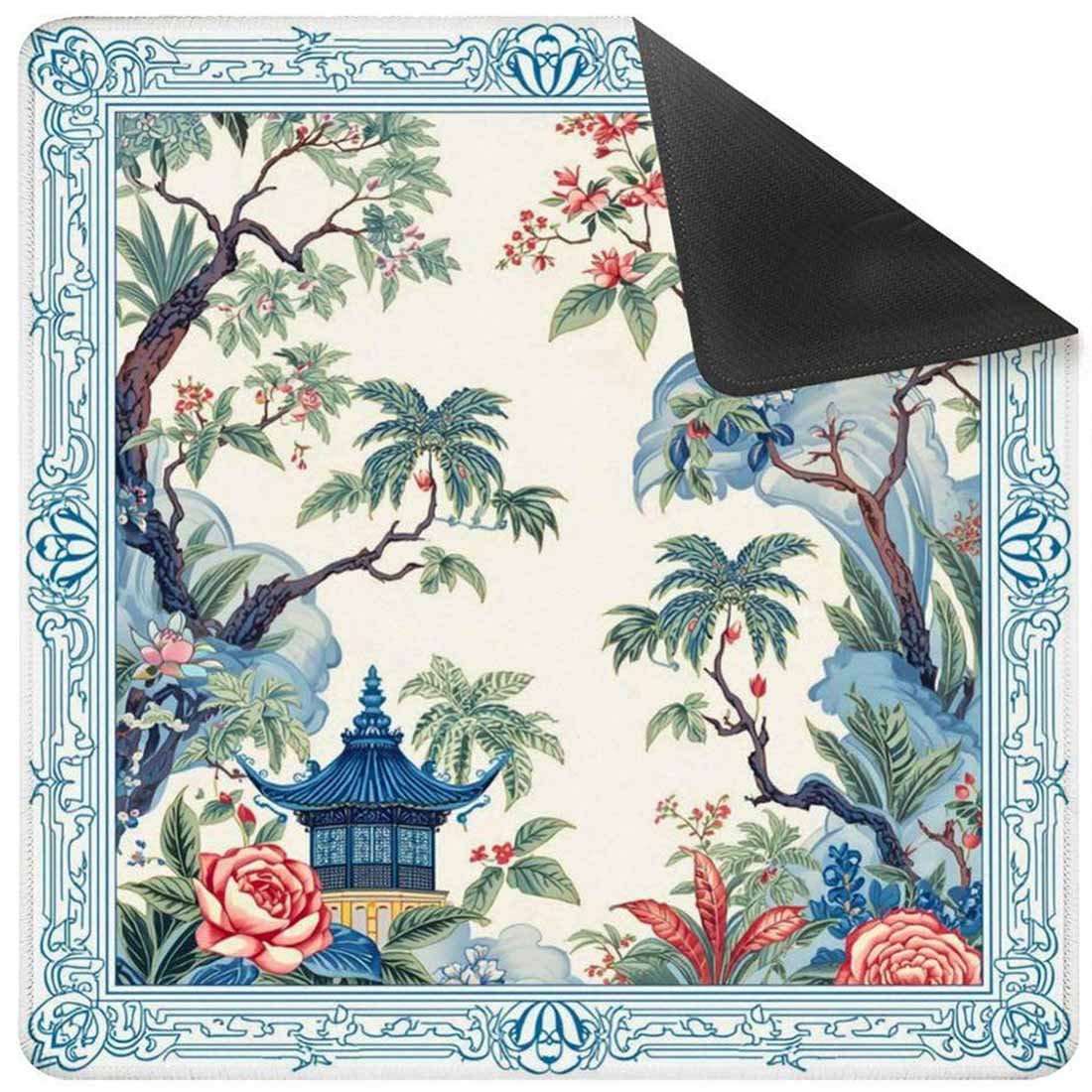 Tropical Garden Mahjong Mat with Non Slip Rubber Backing, Blue Pagoda Bird Design Mat