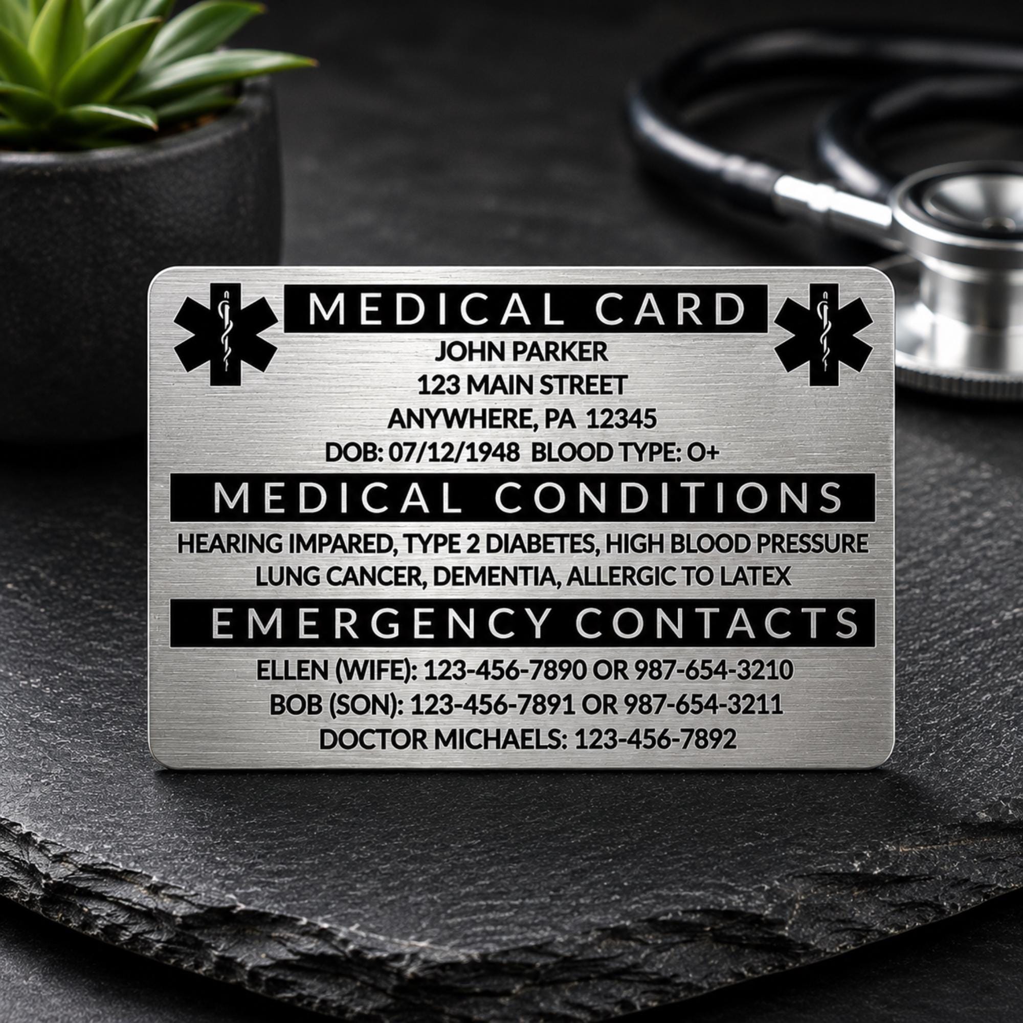 Personalized Medical ID Card, Personalized Medical Alert Emergency Wallet Card, Laser Engraved on Blue or Red Anodized Aluminum