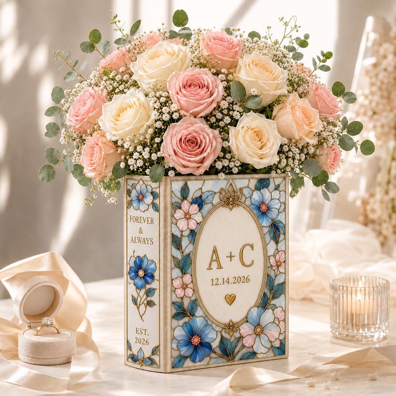 Personalized Floral Book Shaped Vase Personalized Couple Initials Vase Wedding Centerpiece Gift, Anniversary Keepsake Decor