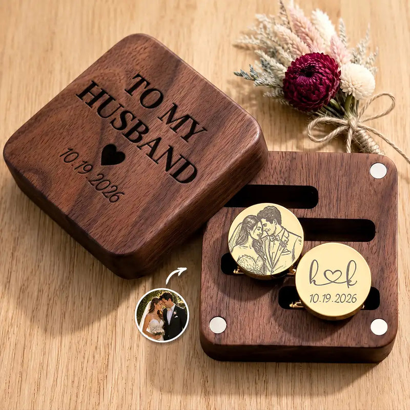 Personalized Photo Bold Sketch Romantic Couple Portrait - Personalized Circular Cufflinks