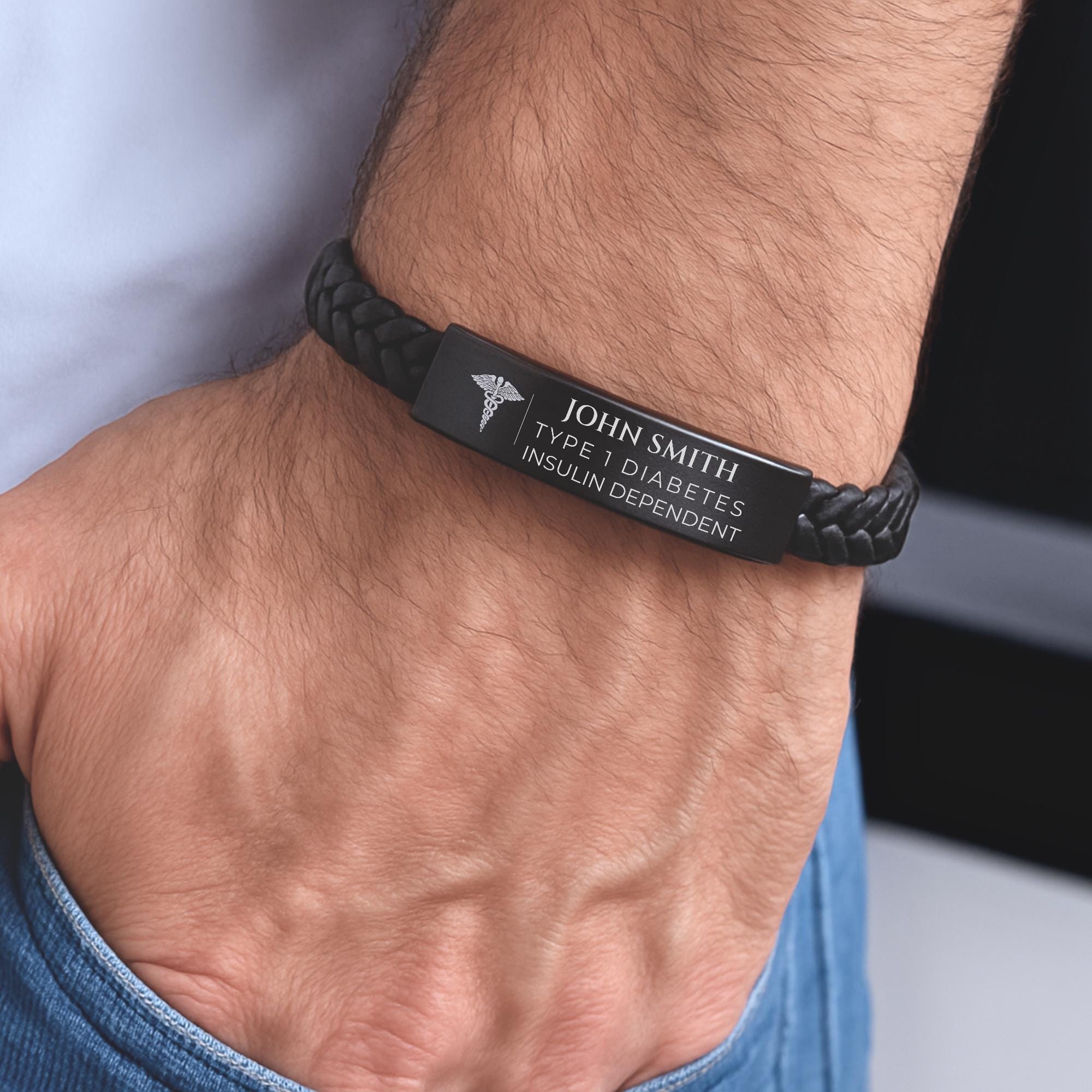 Personalized Type 1 Diabetes Medical ID Bracelet Alert for Men, Custom Engraved Leather ICE ID Tag, Diabetic Emergency Safety Wristband, Gift for Him