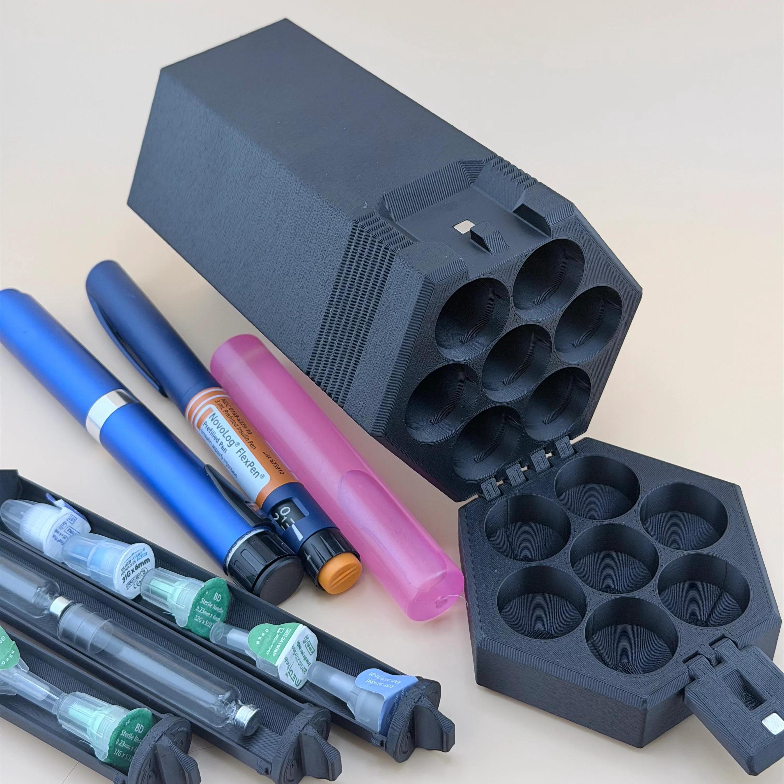 3D Printed Travel Case - 2/5/7/10 Slot Organizer for Insulin Pens, Peptide Pens, Needle Tips or Ice Packs