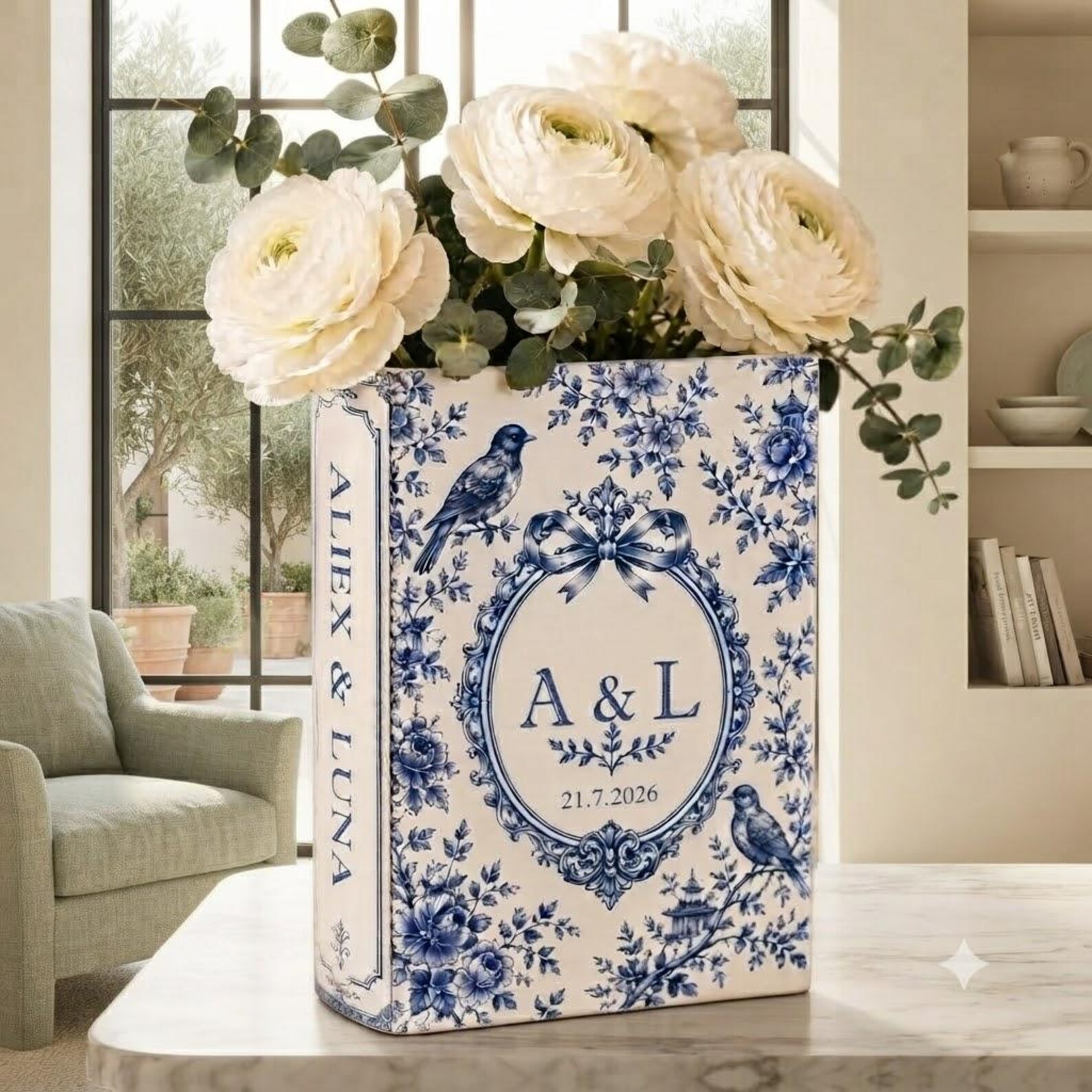 Personalized Floral Book Shaped Vase Personalized Couple Initials Vase Wedding Centerpiece Gift, Anniversary Keepsake Decor
