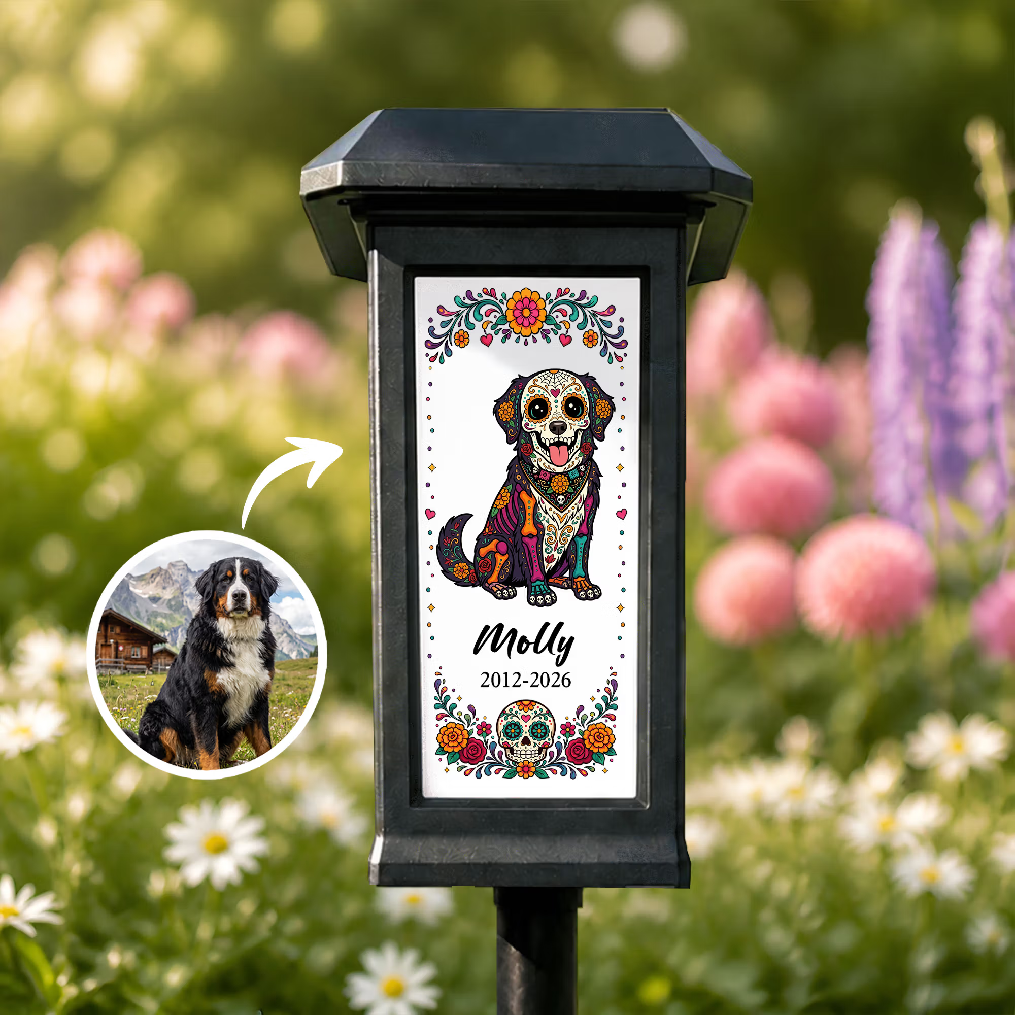 Personalized Day of the Dead Flower Sugar Skull Pet Photo Solar Garden Light with Name Garden Use Memorial Day of the Dead Gift for Pet Owners Lovers