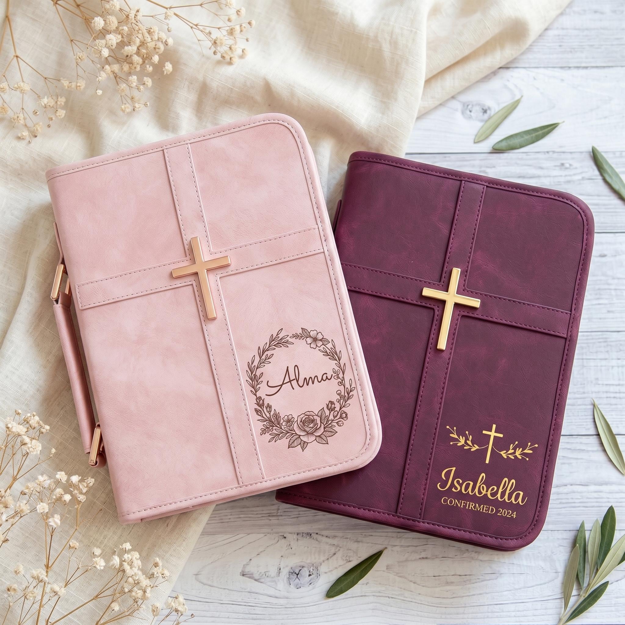 Personalized Leather Bible Cover Engraved Name Rose Gold Cross Zipper Case With Handle