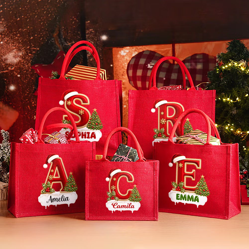 Personalized Christmas Large Capacity Red Jute Tote Bag with Name Christmas Party Gift for Neighbors Christmas Stockings Bag 