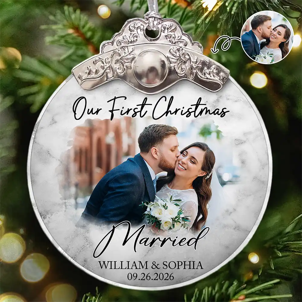 Personalized Photo First Christmas As Mr & Mrs Couples - Personalized Glass Ornament With Silver Cap