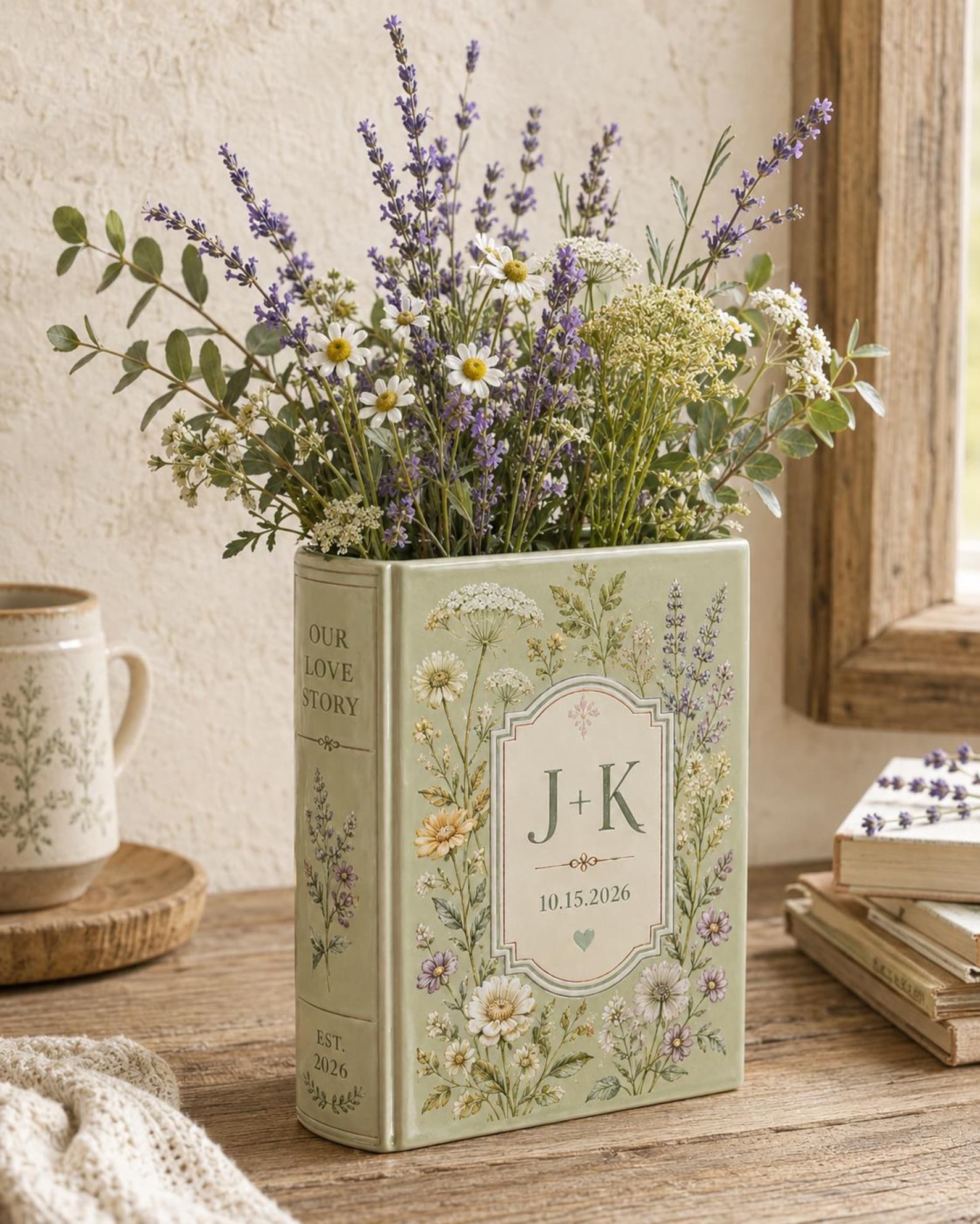 Personalized Floral Book Shaped Vase Personalized Couple Initials Vase Wedding Centerpiece Gift, Anniversary Keepsake Decor