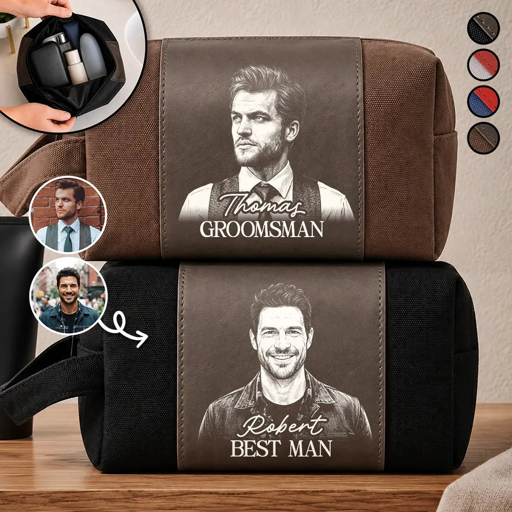 Personalized Photo White Pencil Sketch Groomsmen Wedding, Bachelor Travel Favor - Personalized Leather Canvas Toiletry Bag