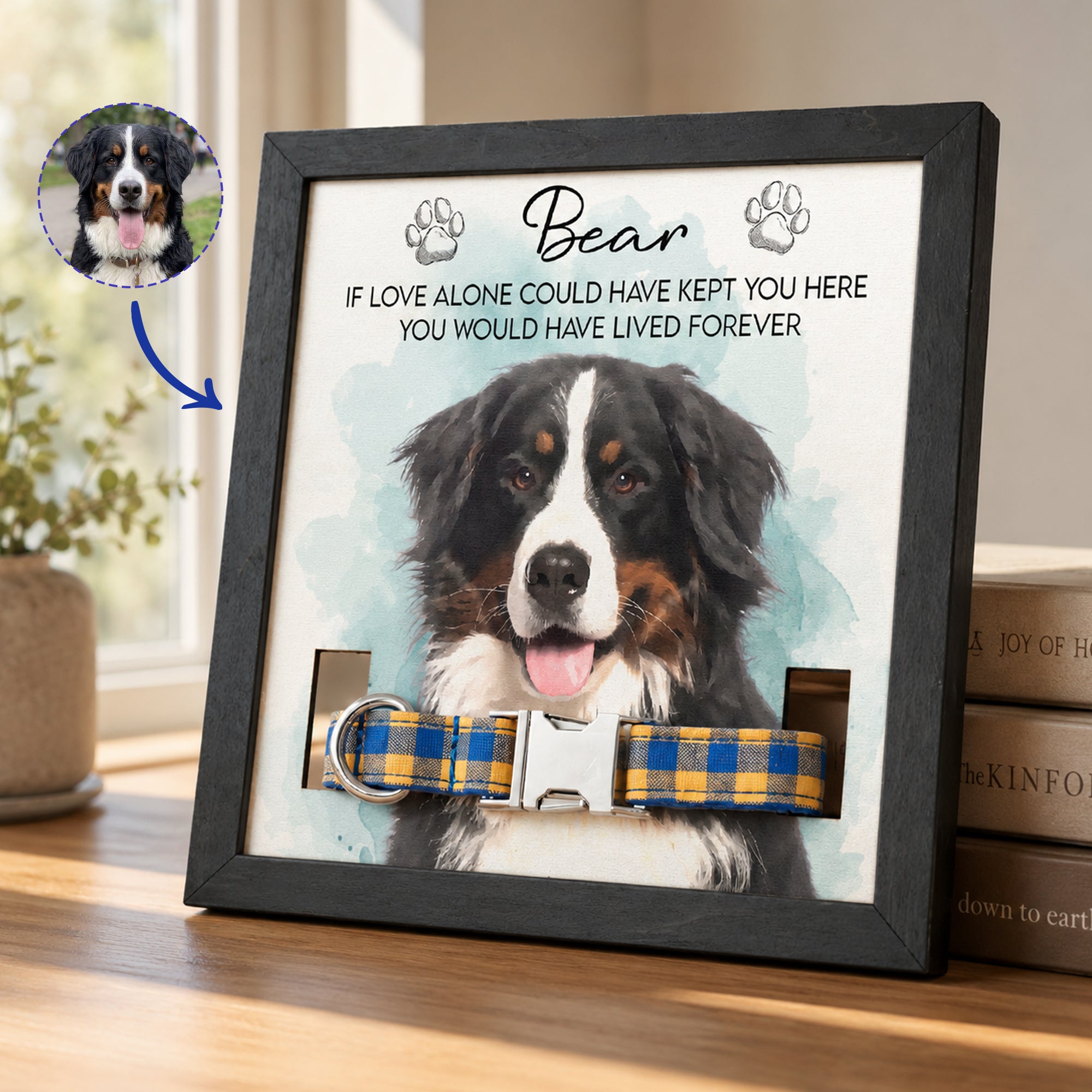 Personalized Pet Collar Frame Keepsake Custom Pet Portrait Watecolor Art - Personalized Frame
