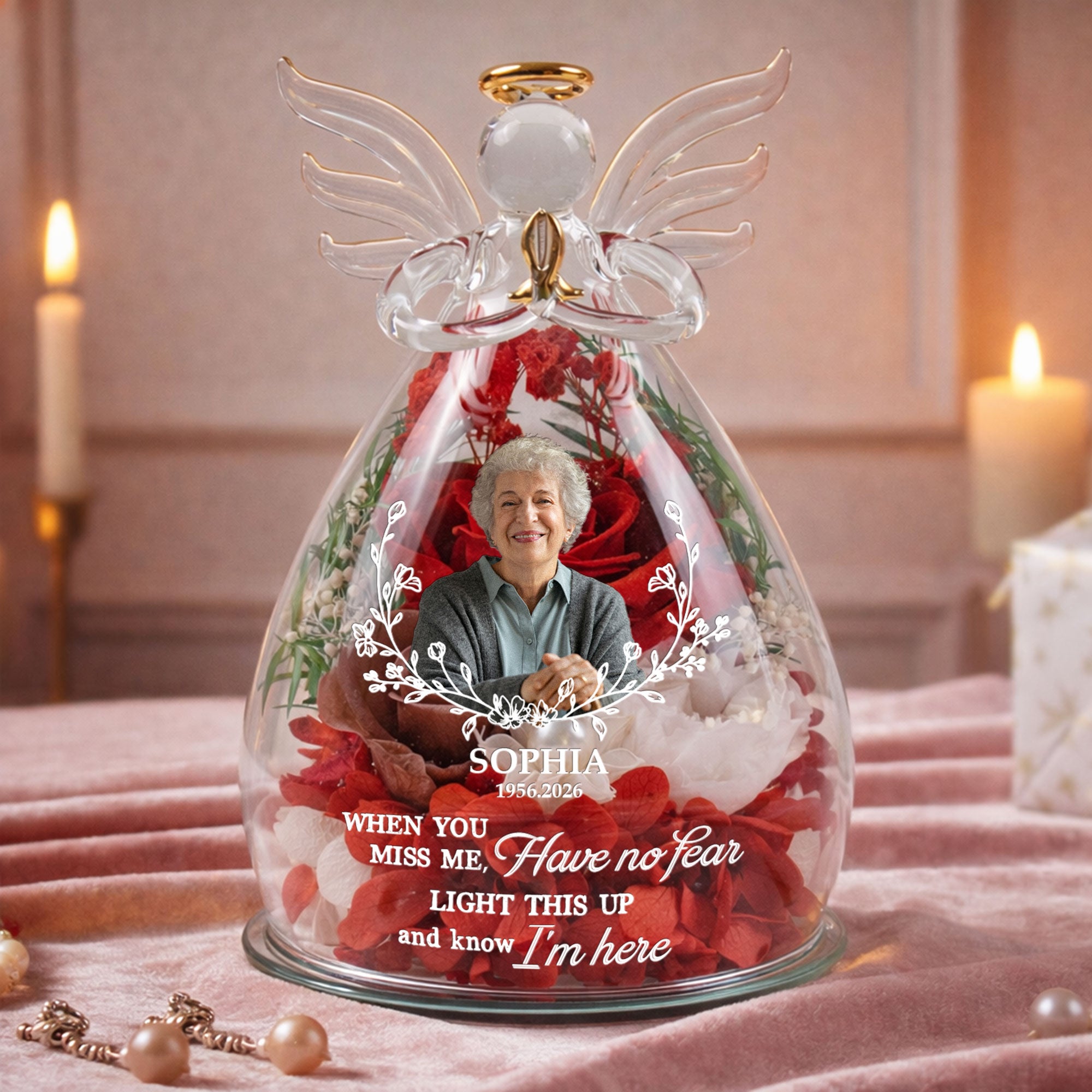 Personalized Light This Up And Know I'm Here Memorial Gift - Personalized Flower In Glass Angel Figurines