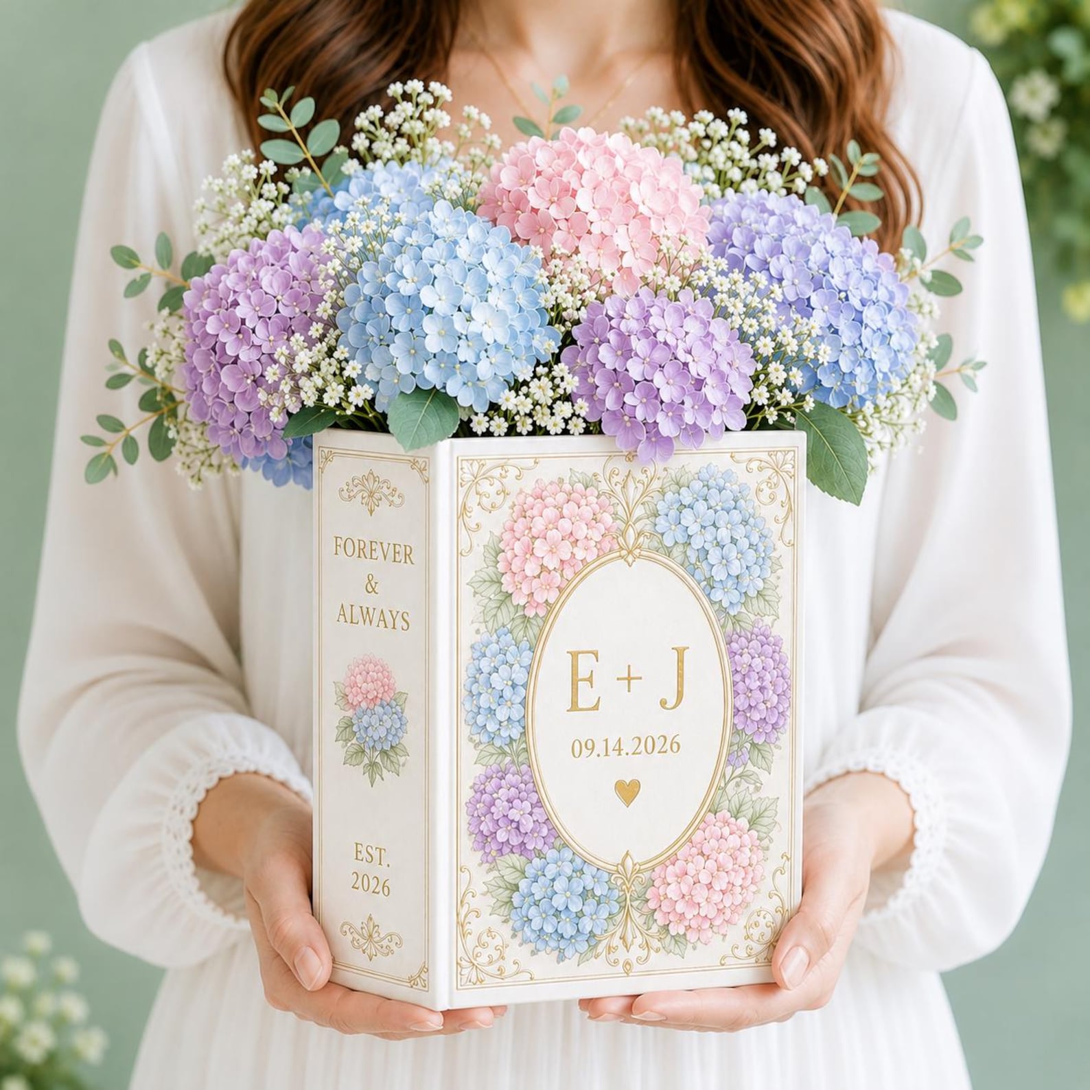 Personalized Floral Engagement Ceramic Book Vase, Wedding Vase Gift, Custom Couple Name Book Vase,Gift for Newlyweds, Wedding Anniversary Gift for Couple