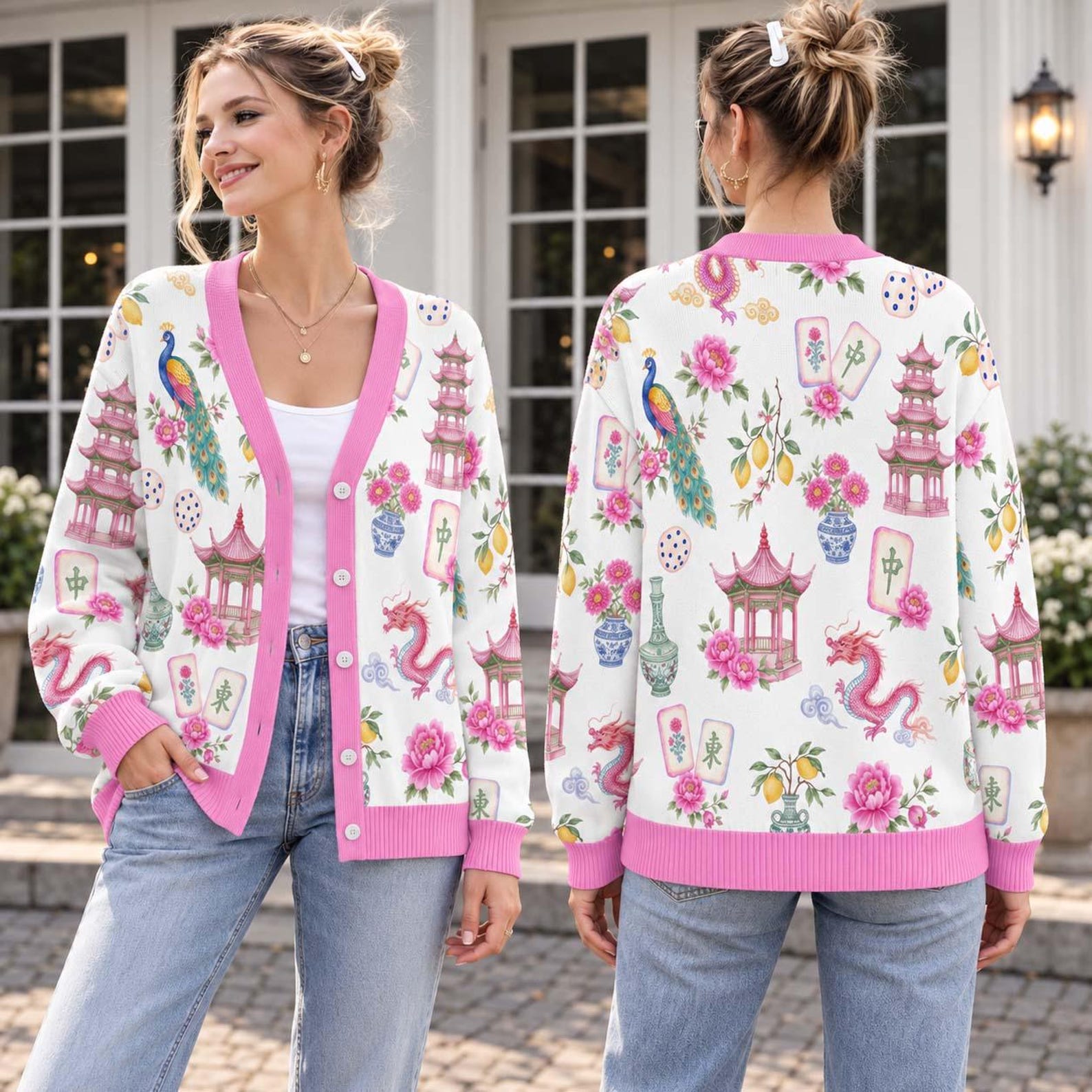 Mahjong Cardigan Sweater, Chinoiserie Floral Tile Print Knitwear, Retro Asian Aesthetic Outfit, Women Game Night Mahjong Lover Gift