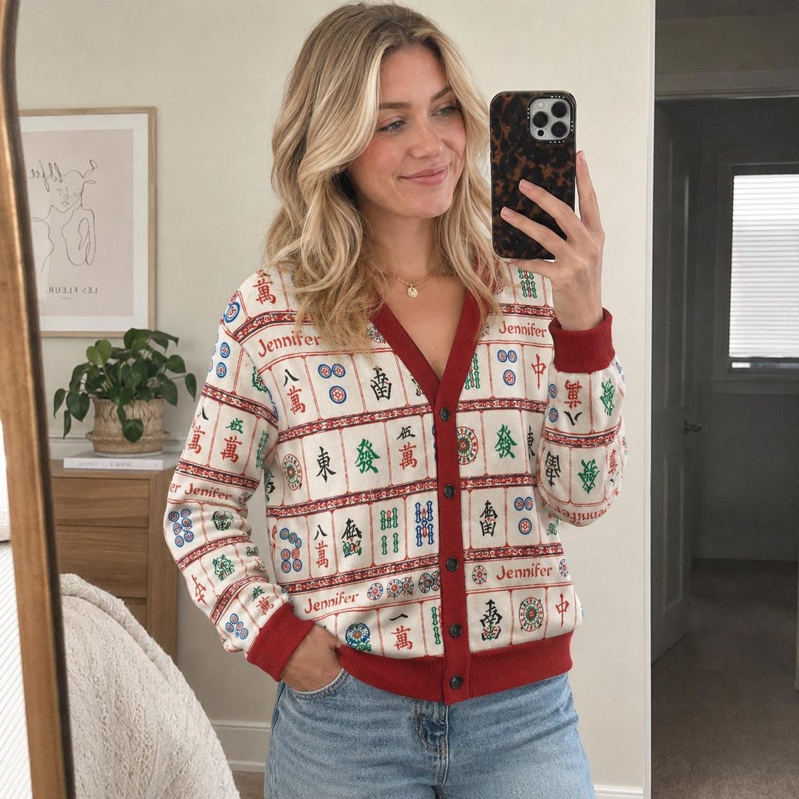 Personalized Mahjong Cardigan, Custom Name Knitted Sweater, Mahjong Lover Gift, Game Night Outfit