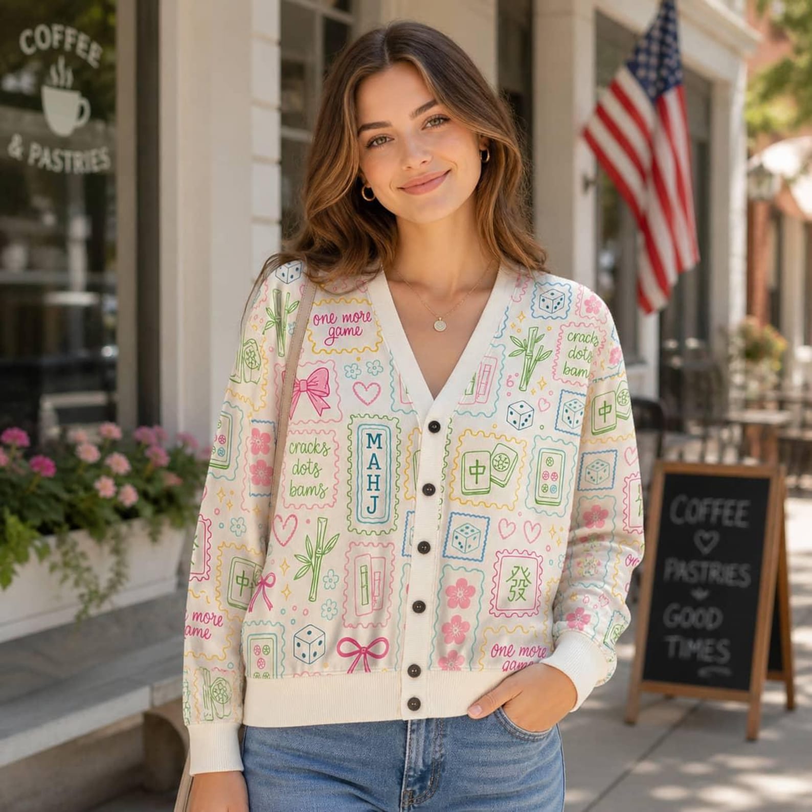 Mahjong Knit Cardigan: Pastel Preppy Mahj Tile Print V-Neck Button Up Sweater