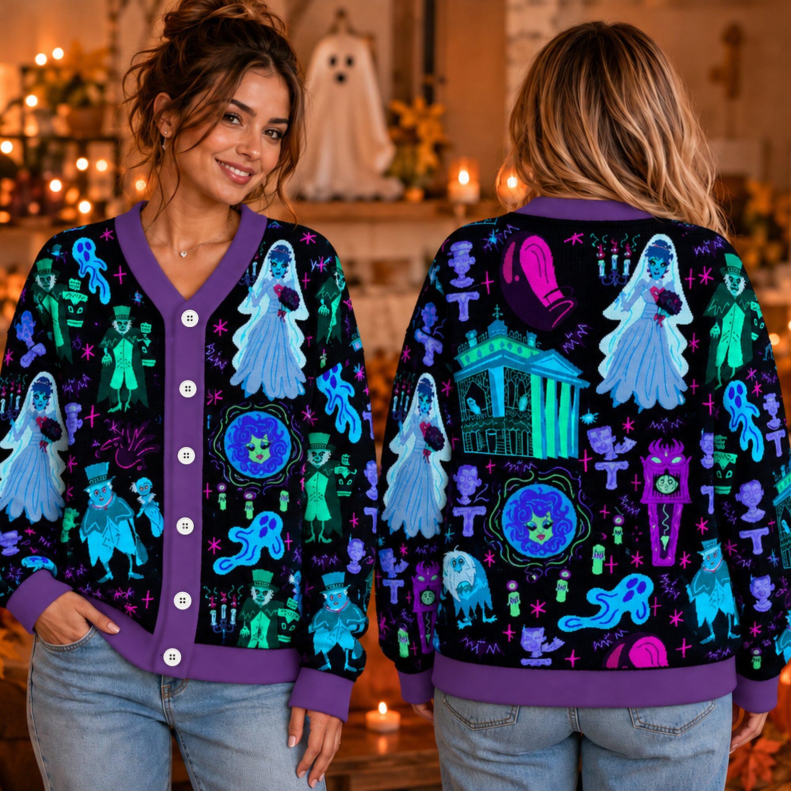 Haunted Mansion Cardigan, Foolish Mortals Spooky Sweater, Hitchhiking Ghosts Knitwear, Madame Leota Autumn Aesthetic, Halloween Outfit