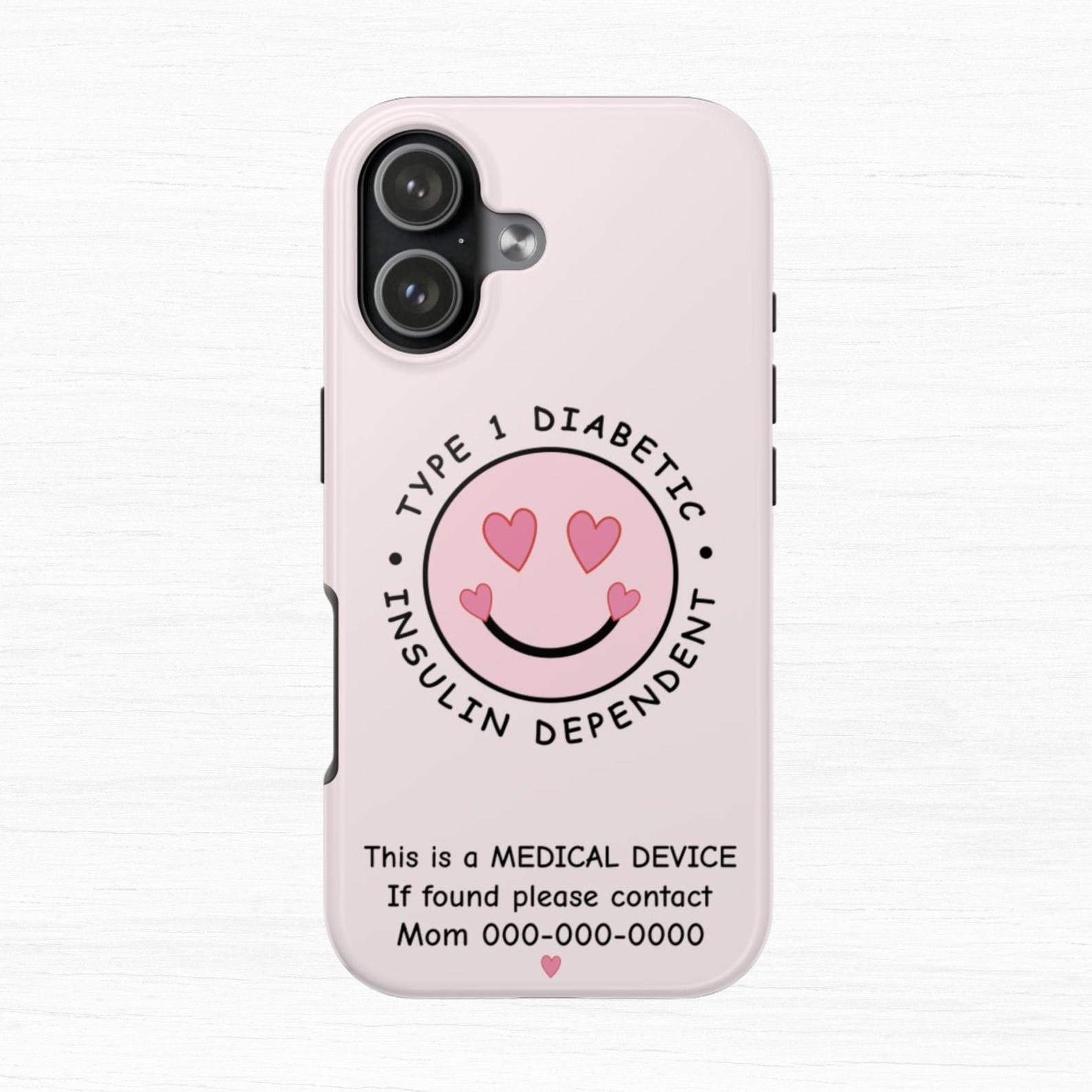 Personalized Smile Hearts Type 1 Diabetic Phone Case, Insulin Dependent Medical Alert, Medical Device